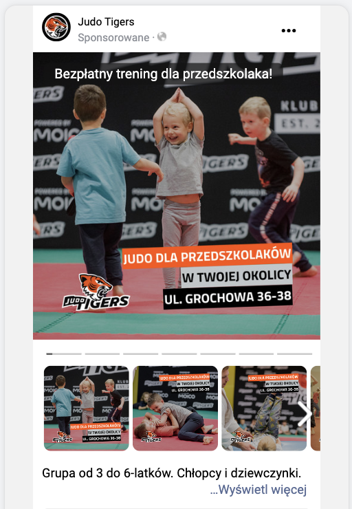 Reklama na Facebooku: judo dla dzieci w wieku przedszkolnym judotigers.pl