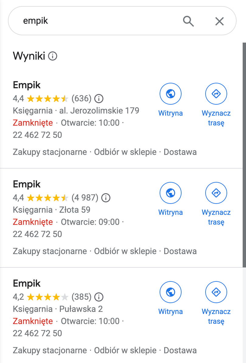 Księgarnie Empik w Mapach Google